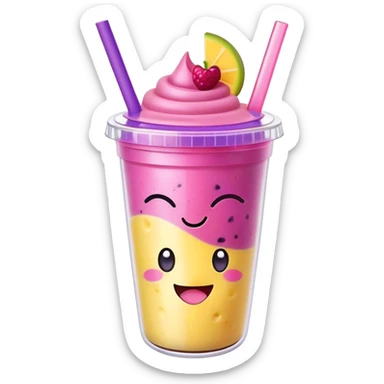 Cute Kawaii Smoothie Cup, filled with blended fruity goodness, a smiling face with excited eyes, bright colorful layers of pink, yellow, and purple, topped with a straw and tiny fruit slices! sticker