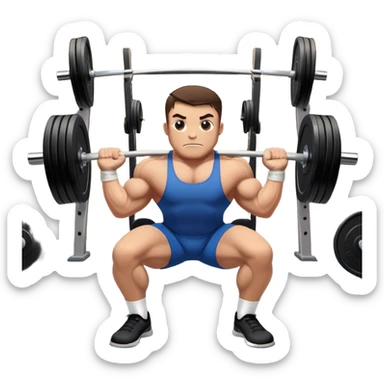 Powerlifter lifting a heavy barbell in a dramatic display of strength, muscles flexing under the pressure. The focus is on the lifter's intense effort and the heavy weights on each side. The background features a gym with weights and equipment, emphasizing the raw power of the sport.  sticker