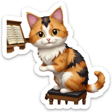 calico cat play piano, portrait sticker
