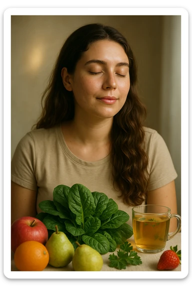 Realistic and cinematic vertical 2:3 portrait of a serene woman with PCOS, low inflammation and stable cortisol thanks to proper nutrition. Symbols of health and well-being, very few writings. sticker