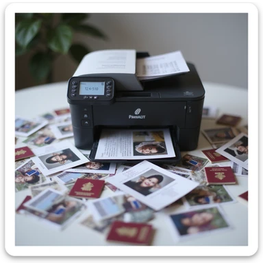 realistic thumbnail image for a passport photo printing service, showing a modern printer with numerous printed passport photos scattered around it, focus on the abundance of photos sticker