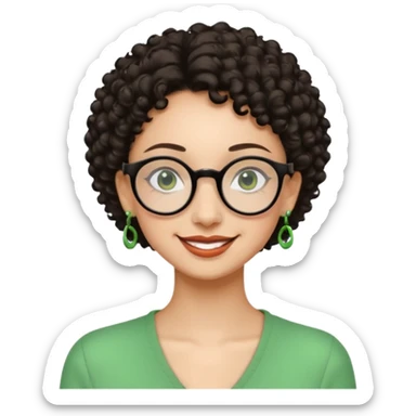 Very slim woman, light skin, short dark curly hair, black round glasses, green earrings, thin build, warm smiling face. Cartoon style. sticker