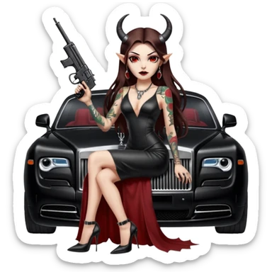 Lilith model red eye sexy black  devil horns.  long brown haired sexy succubus woman with leather long dress slit, sitting on rolls Royce. Wearing Black Platform high heels on feet. Tattoo sleeve arms, she has stacks of cash and a man dead human skull is on top of stack of cash and a gun in  hand sticker