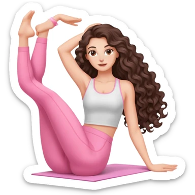 beautiful brunette with a light balayage white girl with nice defined and long curls , very long hair, clean girl makeup STRETCHING IN LIGHT PINK GYM sticker