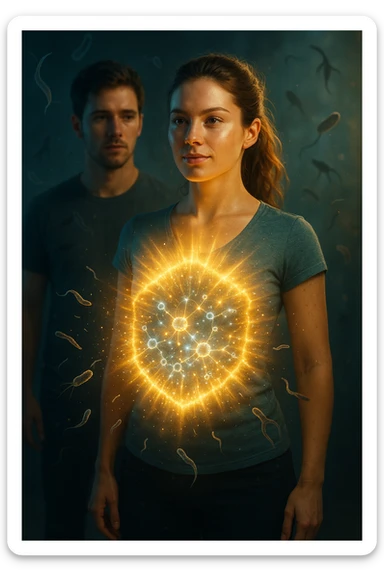 A hyper-realistic, cinematic image showing a young woman with a glowing, radiant aura symbolizing a very strong immune system. She stands confidently, surrounded by a dynamic shield of light particles and molecular energy swirling around her body, especially focused around her abdomen and chest. Against this luminous barrier, faint translucent representations of parasites—small worm-like and protozoan shapes—attempt to approach her but are visibly repelled or disintegrating upon contact with the shield. Nearby, a young man representing her boyfriend is shown with subtle, shadowy parasite silhouettes near him, some reaching toward her but unable to penetrate her immune defenses. The background is softly blurred to keep the focus on the energetic battle at the forefront, with cool blues and warm golds contrasting to symbolize health, vitality, and defense. The lighting is dramatic yet hopeful, with a cinematic 35mm film style emphasizing sharp detail on her determined face and the swirling protective energy. The overall tone conveys resilience, protection, and the unseen battle inside the body. sticker