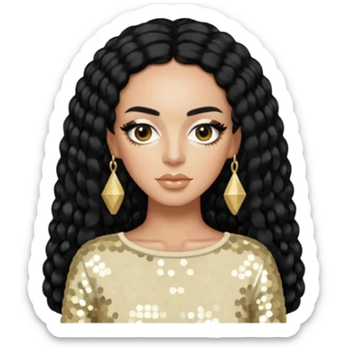 Solange from Destiny's Child with long black hair, cream sequin outfit  sticker