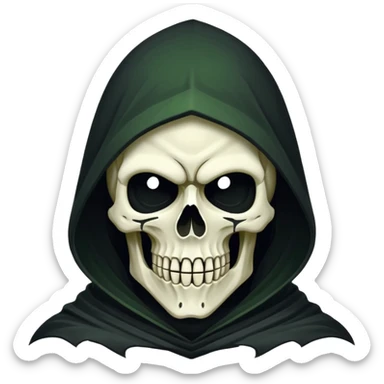 Icon of the Grim Reaper's face. His skull is stylized, his hood is tattered. He is [например: winking with a sly grin]. Clean, flat vector art, high contrast. Stylized as a modern logo or a medieval woodcut. Strictly black and white with one accent color like dark moss green or deep crimson.  sticker