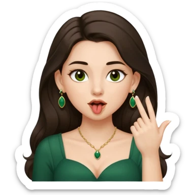 pretty bratz genmoji that looks like tamannah bhatia (bollywood actress), wearing a dark green sweetheart neckline top, dark brown hair, light makeup, no necklace, dangly earrings, SIDE hair part, fair. dark brown eyes, long hair

Show her licking her finger  sticker