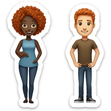 Create an emoji of a couple: a woman with curly long red hair and a man with very short straight black hair and dark brown skin. Both should be smiling and hugging sticker