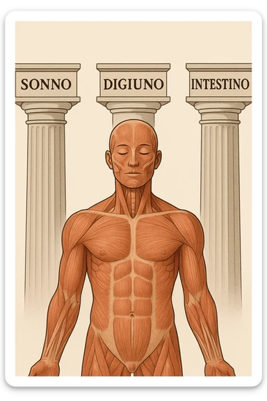 5 pilastri con le scritte "SONNO", "DIGIUNO", "ALLENAMENTO", "INTESTINO", DAVANTI UN CORPO UMANO ANATOMICO CON OCCHI CHIUSI IN SALUTE, SFONDO CHIARO IN ITALIANO sticker