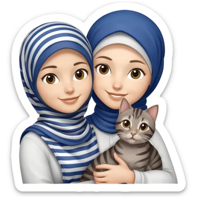 White girl wearing dark blue hijab with white shirt smiling while holding a black grey brown stripes tabby cat sticker
