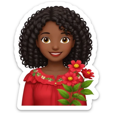 A girl with shoulder-length curly hair, dark skin, and black hair is wearing a red blouse with flowers. sticker