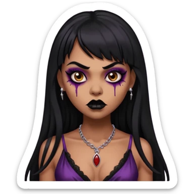 vampira gótica parda zumbi de cabelo longo e preto e franja e roupa com decote e batom preto e sobrancelha grossa sticker