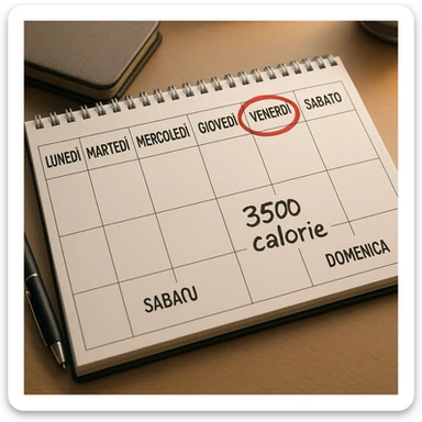 A hyperrealistic weekly calendar viewed from above in Italian, showing days from Monday to Sunday. Friday is circled in red. Below both Saturday and Sunday, the text '3500 calorie' is clearly visible. The image has 4K details and a desk atmosphere. sticker