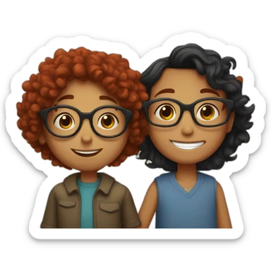 a girl with red curly hair and blue glasses hugging her black-haired son sticker
