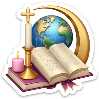 An icon featuring a holy book, a candle, and a cross, symbolizing religious studies. The design includes a globe with various religious symbols: a crescent moon and star (Islam), a lotus flower (Buddhism), representing global belief systems. Transparent background. sticker