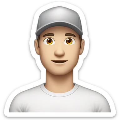 Pale skinned fit Man with dark brown hair in a white cap, gray jeans and gray polo T-shirt keeping a pasted with tape white box into his hands sticker