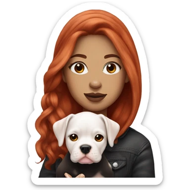Long Red haired woman in beanie with septum piercing holding black and white English Staffordshire puppy sticker