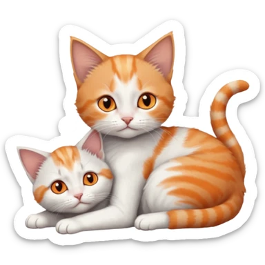 full body of very small + skinny ginger and white kitten with deep orange eyes and triangular shaped face lying down cuddling a grey and white kitten who is a bit bigger than him sticker