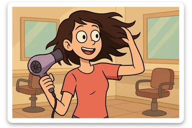 joven mujer en la peluquería usando secador de cabello, estilo cartoon, colores vivos, fondo con sillas y espejos sticker