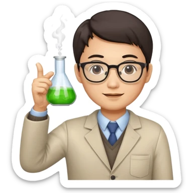 asian chemistry teacher wearing glasses holdin a flask pointing right sticker