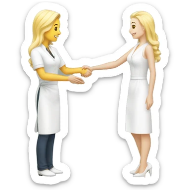 adult restaurant owner with white skin and blogger with white skin and blonde hair shaking hands in full height sticker