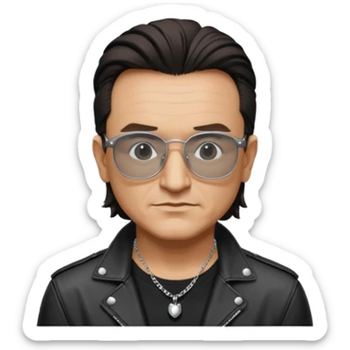 Bono with black glasses, shirt with silver necklace, black leather jacket  sticker