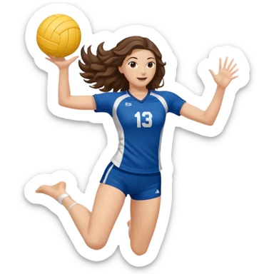 White girl with a volleyball jersey and wavy brunette hair jumping spiking a volleyball sticker
