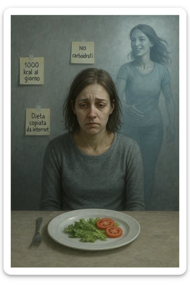 Donna tra i 30 e i 40 anni seduta a tavola, davanti a un piatto quasi vuoto con solo insalata e due fette di pomodoro. Il suo volto è visibilmente triste, stanco, con occhi spenti. Intorno a lei, foglietti attaccati con scritte come '1000 kcal al giorno', 'No carboidrati', 'Dieta copiata da internet'. L’atmosfera è fredda, grigia, priva di energia. Il suo corpo appare spento e scarico. Sullo sfondo, la sagoma di sé stessa più felice e piena di vitalità, come ricordo di un approccio migliore mai seguito. Stile realistico e simbolico sticker