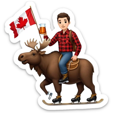 Canadian lumberjack man wearing red and black flannel shirt, drinking from a jug of maple syrup, holding a Canadian flag, and wearing ice skates, while riding on a moose, with snowcapped mountains in the background sticker