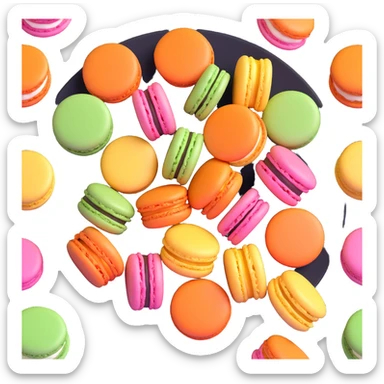 Create a 3D model of colorful macarons with smooth, realistic textures and vibrant pastel colors, arranged on a plate. The style should resemble a modern Apple 3D emoji, consistent with iOS 18 design aesthetics. sticker