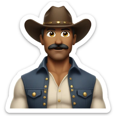 very muscular 40 year old cowboy with a mustache, no shirt. On his head is a cowboy hat. sticker