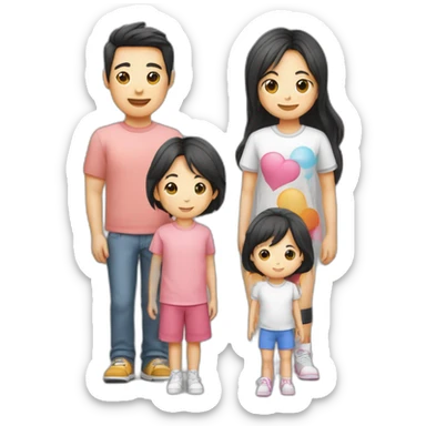 Famille 4 personne 1 fils aîné avec un t-shirt de basket fille cadette au cheveux long 1 père asiatique 1 mère sticker