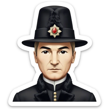 ​Cinematic Realistic Portrait of a Young Mustafa Kemal Atatürk, depicted wearing an iconic tall black fur hat along with traditional attire, his confident, visionary expression illuminated by warm, inspiring lighting, rendered with rich historical textures that capture his youthful dynamism and transformative leadership, sticker