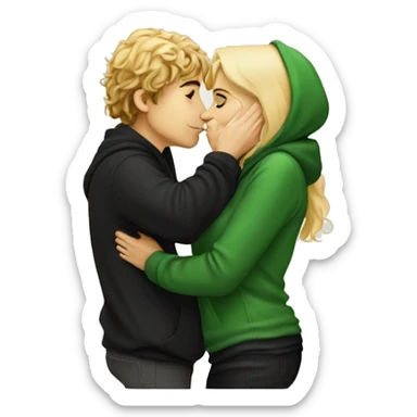 Pippin-hobbit wearing green hoodie passionately kissing pretty blonde woman with black top sticker