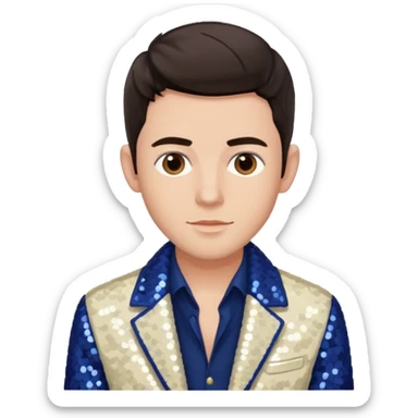 Jonathan Bailey with dark brown hair, brown eye, ivory sequin jacket, navy blue shirt sticker