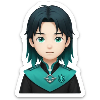 Tokito Muichiro emoji style — calm boy with long black hair fading mint green, turquoise eyes, pale skin, dreamy face, wearing dark Demon Slayer uniform, black + teal tone, anime cute clean style. sticker