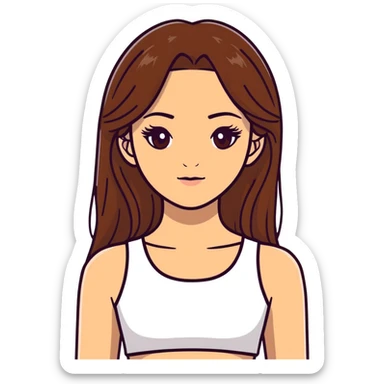 beautiful girl, long straight brown hair, brown eyes with lashes, wearing a white crop top, tan skin sticker