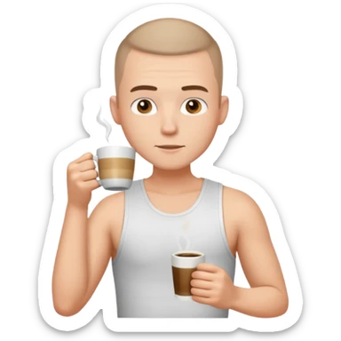 a white short guy wearing a white tank top with a buzz cut drinking a cup of coffee sticker