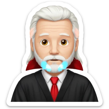 An older man with long white hair and beard, wearing a red tie and black robe sticker