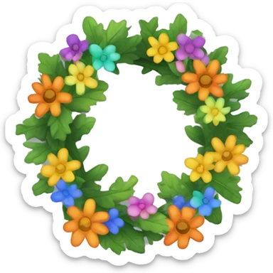 wreath of colourful flowers and green oak leaves in style of iOS emoji sticker