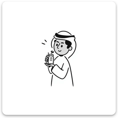 Arab man with keffiyeh holding medicine bottle and pill, hand-drawn style sticker