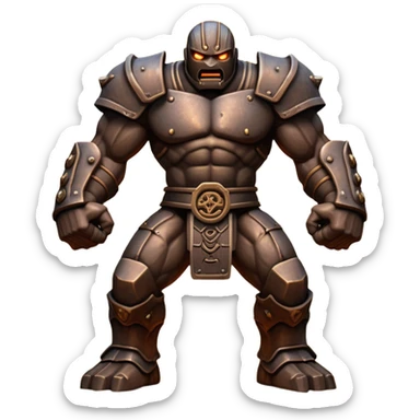 Cinematic Fierce Mighty Iron Golem Portrait Emoji Depicted mid-action in a dynamic, battle-ready stance, massive fists clenched, the ancient metallic plates along its form shifting with raw power. Its eyes blaze like molten fire within a carved, rune-etched face, exuding both divine purpose and mechanical precision. Weathered steel and dark bronze tones are accented by glowing, arcane inscriptions, each detail meticulously crafted with lifelike metallic reflections. High shine, imposing yet regal, styled with an air of indestructible might, soft glowing outline, capturing the essence of an unstoppable colossus that looks ready to charge forth with a thunderous step! sticker
