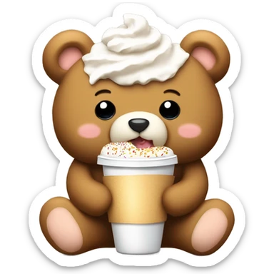 A fluffy teddy bear that is cream colored eating a croissant and a hot coco with whip cream and sprinkle  sticker