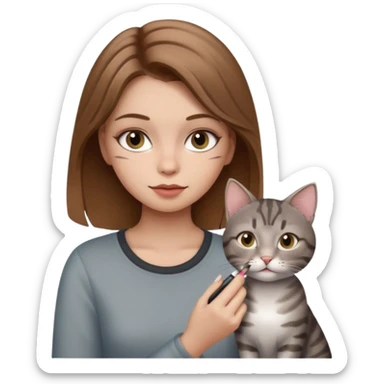 A image of a girl with light brown hair doing her makeup with her grey tabby cat sticker