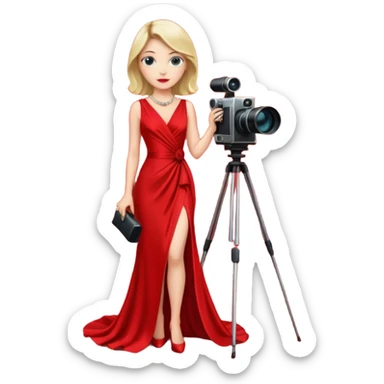 an actress standing on a red carpet with a formal dress, with only one movie camera on a tripod next to her. sticker