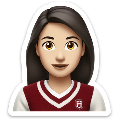 Girl with dark brown hair and white skin wearing a crimson and white sweater with the black crimson and white Harvard University logo on it  sticker