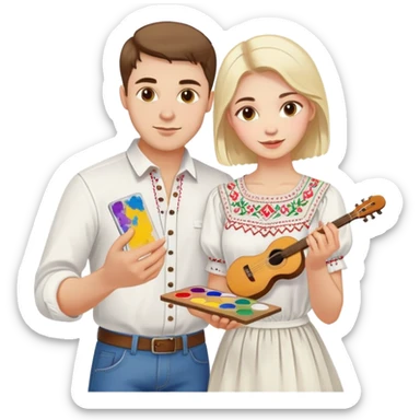 a guy in a white Ukrainian embroidered shirt and a girl in a white Ukrainian embroidered shirt, holding music and a paint palette sticker