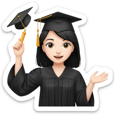 white girl with straight black hair, tossing graduation cap, black gown, happy expression sticker