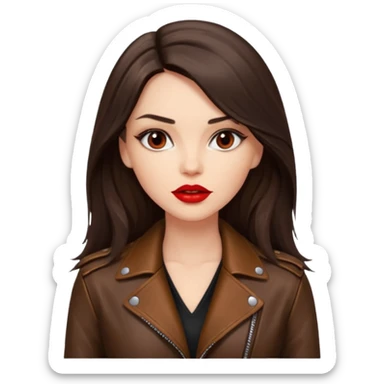 brunette with long hair in cuir jacket with red lips and very dark brown eyes sticker